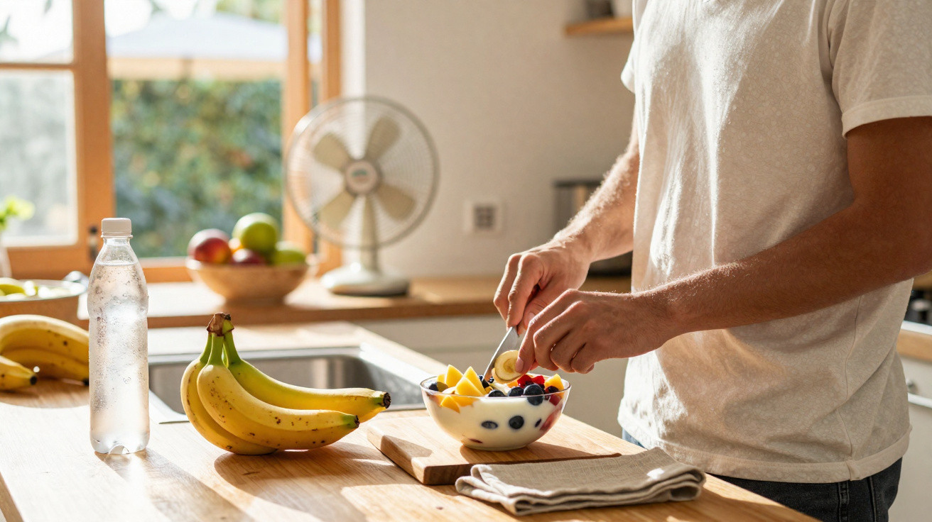 Person bereitet Joghurt mit frischen Früchten in helle Küche vor, Banane und Wasserflasche am Tisch.