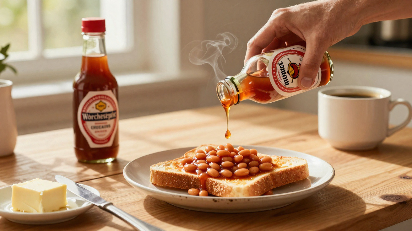 Hand gießt Worcestersauce auf Toast mit Bohnen, Butter, Messer und Kaffeetasse am Holztisch.