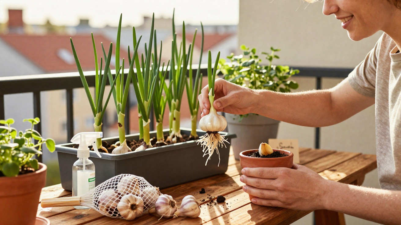 Person steckt Knoblauchzehe in Blumentopf auf sonnigem Balkon mit Kräutern und grünen Pflanzen.