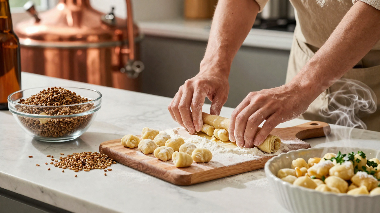 Hände formen frische Gnocchi aus Teig auf einem Holzbrett, neben einer Schüssel mit Getreide und einer mit fertigen Gnocchi.