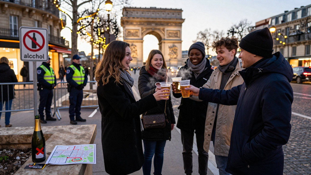 Fünf junge Menschen stoßen mit Bier vor dem beleuchteten Arc de Triomphe in Paris an, Polizisten im Hintergrund.