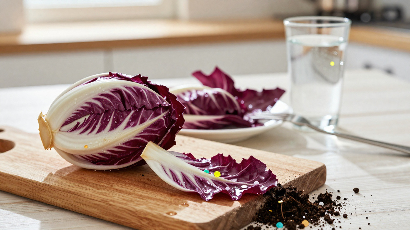 Rotweißer Radicchio auf Holzbrett mit Erdkrümeln, Teller im Hintergrund und Glas Wasser auf hellem Tisch