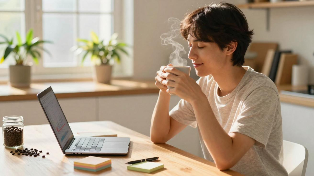 Junge Person in heller Küche genießt dampfenden Kaffee vor Laptop, mit Pflanzen im Hintergrund.