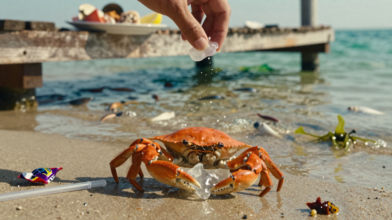 Hand gibt Krabbe am Strand Eiswürfel, Steg und Wasser im Hintergrund sichtbar.