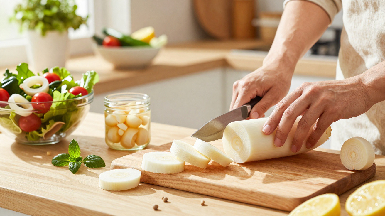 Person schneidet Lauch auf einem Holzbrett in einer hellen Küche mit frischem Salat und Zitronen.