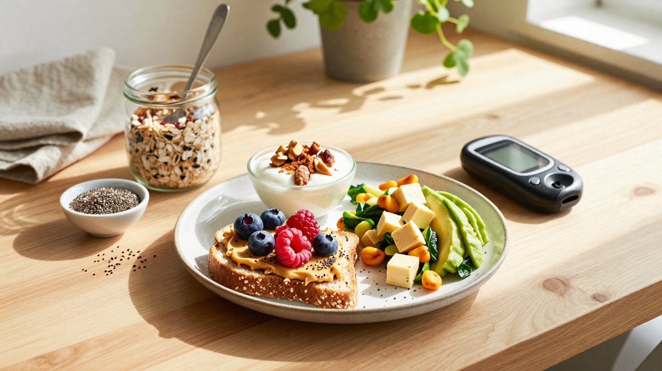 Frühstücksteller mit Vollkornbrot, Beeren, Nüssen, Joghurt, Gemüse und einem Blutzuckermessgerät auf Holztisch.