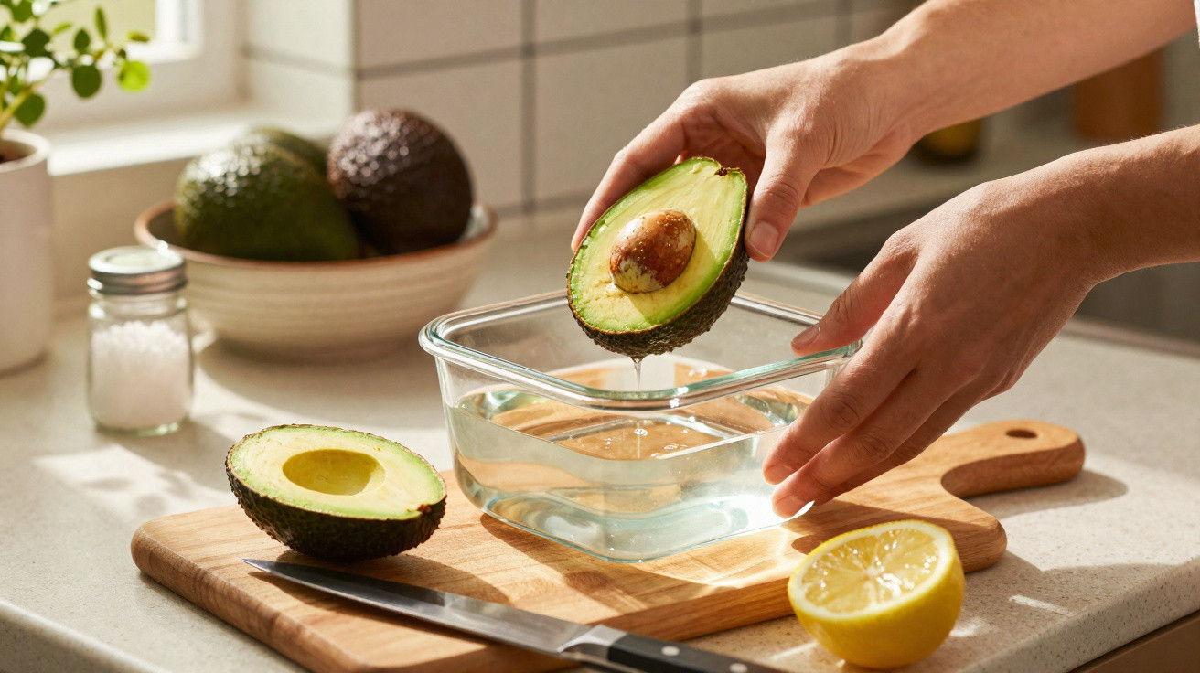 Hände tauchen eine Avocadohälfte mit Kern in eine Glasschüssel mit Wasser auf einem Holzbretter.