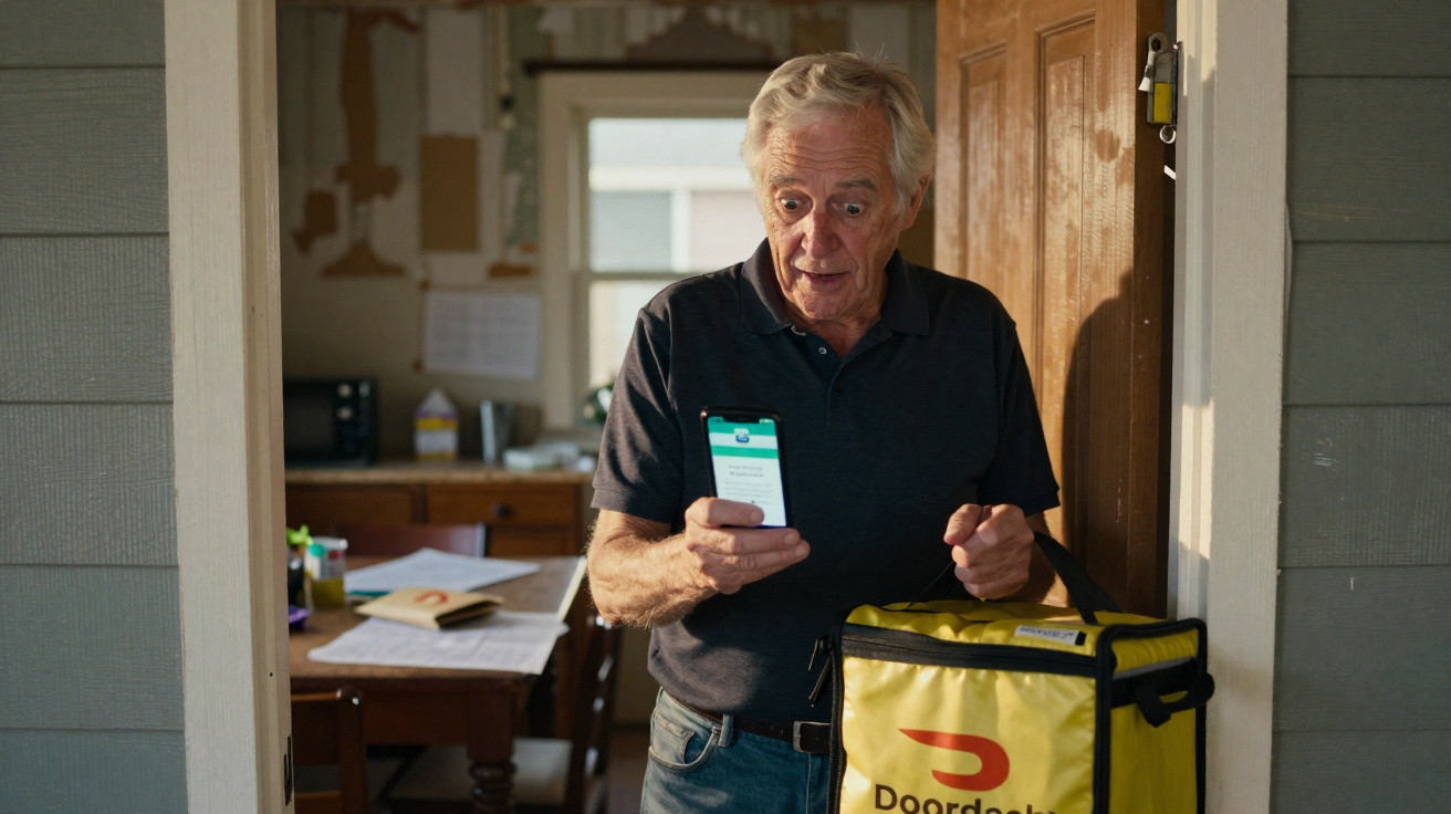 Älterer Mann steht mit Doordash-Liefertasche und Smartphone überrascht in einem Hausflur.