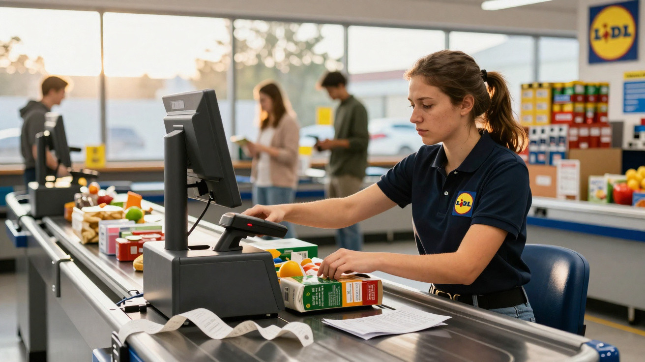 Lidl-Mitarbeiterin scannt Lebensmittel an der Kasse, Kunden warten im Hintergrund vor Sonnenuntergang.