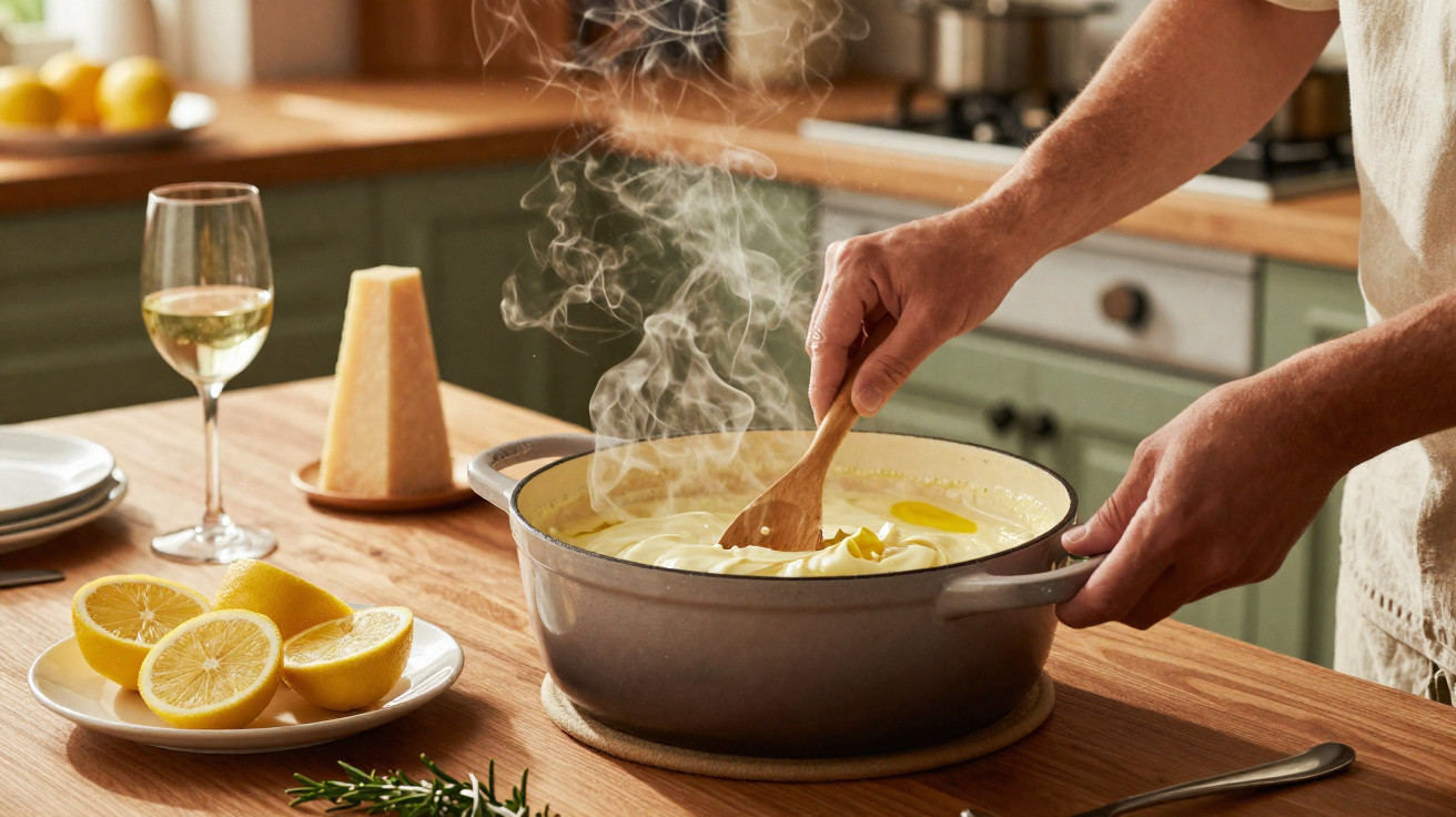 Mann rührt dampfende Sauce in Topf, daneben Zitronen, Parmesan und ein Glas Weißwein auf Holztisch.