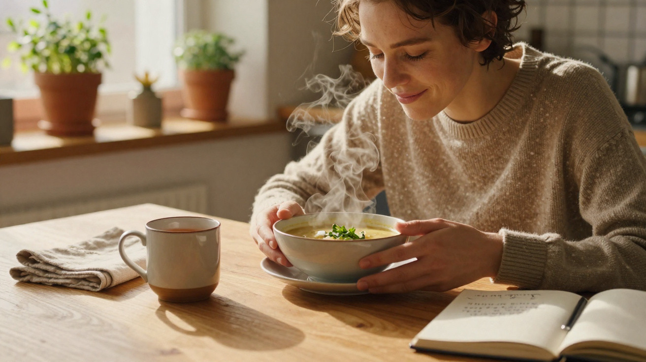 Frau genießt dampfende Suppe am hellen Holztisch mit Buch und Tasse in gemütlicher Wohnküche.