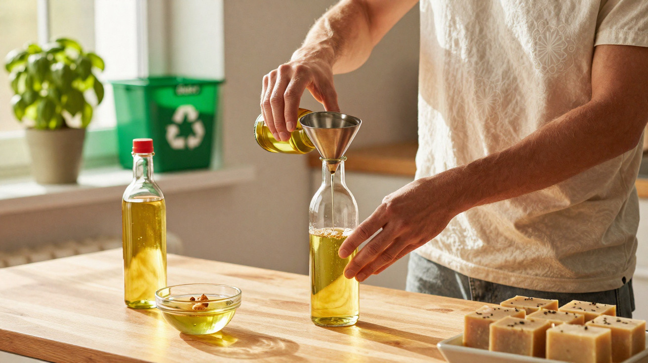 Person füllt Glasflasche mit gelbem Öl in heller Küche auf Holztisch mit Seifen und Pflanzen im Hintergrund.