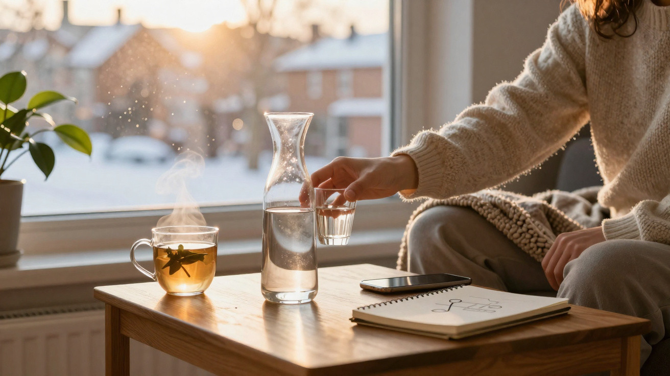 Person in gemütlichem Pullover greift nach Wasserglas am Fenstertisch mit Tee, Wasser und Skizzenbuch im Winterlicht.