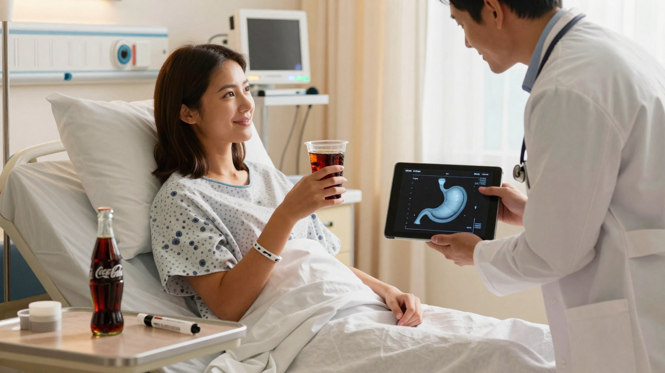 Kranke Frau im Krankenhausbett trinkt Cola, Arzt zeigt Magendiagramm auf Tablet.