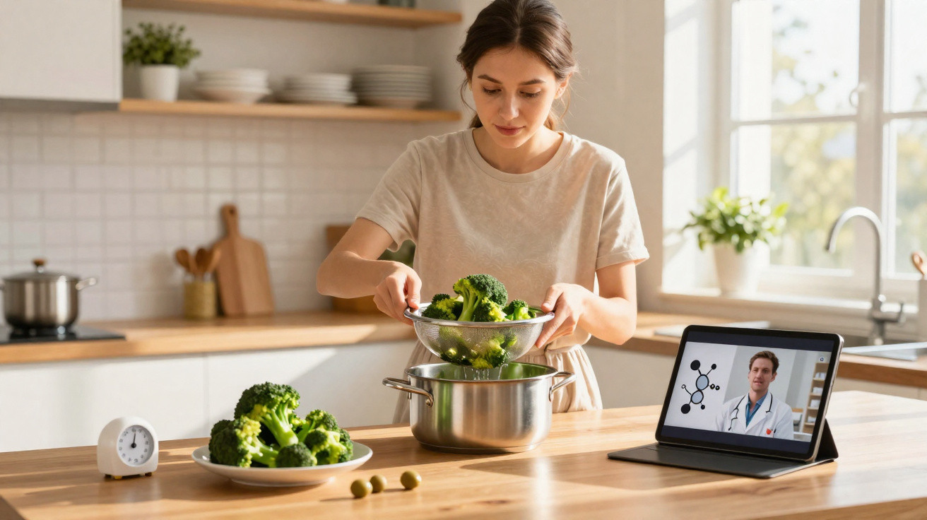 Frau kocht Brokkoli in der Küche, während sie einen Online-Arzttermin auf dem Tablet verfolgt.