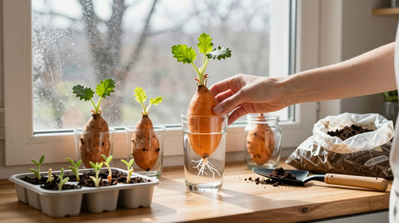 Süßkartoffeln wachsen in Gläsern mit Wasser auf der Fensterbank, daneben Jungpflanzen und Erde zum Einpflanzen.