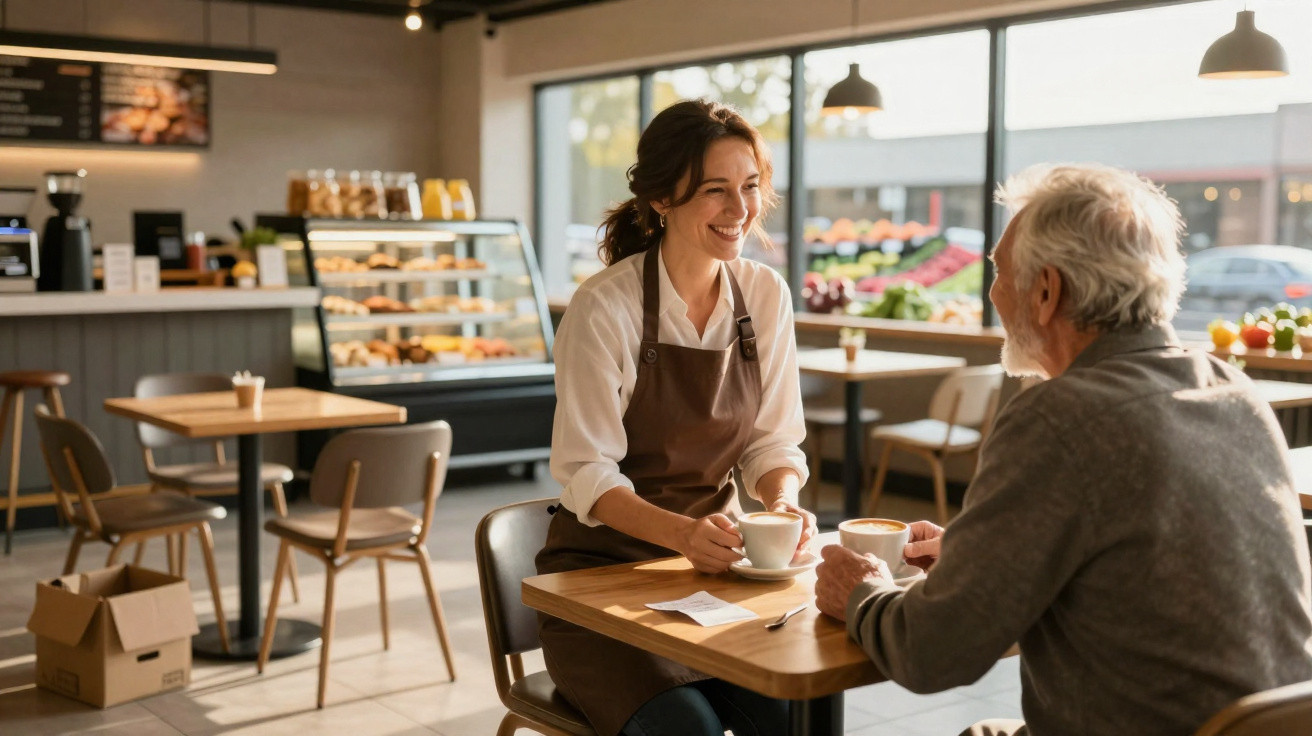 Lächelnde Kellnerin serviert Kaffee an älteren Mann in gemütlichem Café bei Tageslicht.