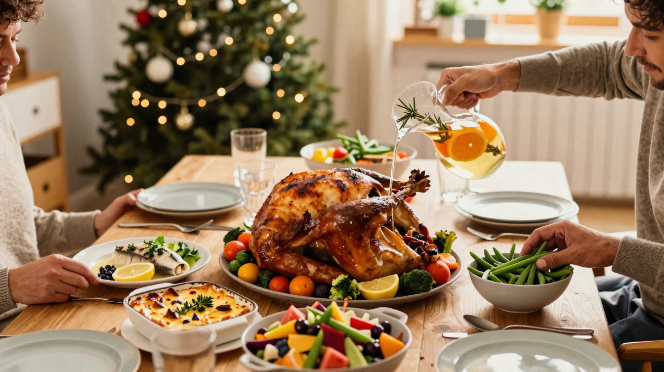 Familie sitzt beim festlichen Weihnachtsessen mit Truthahn und buntem Gemüse am gedeckten Holztisch.