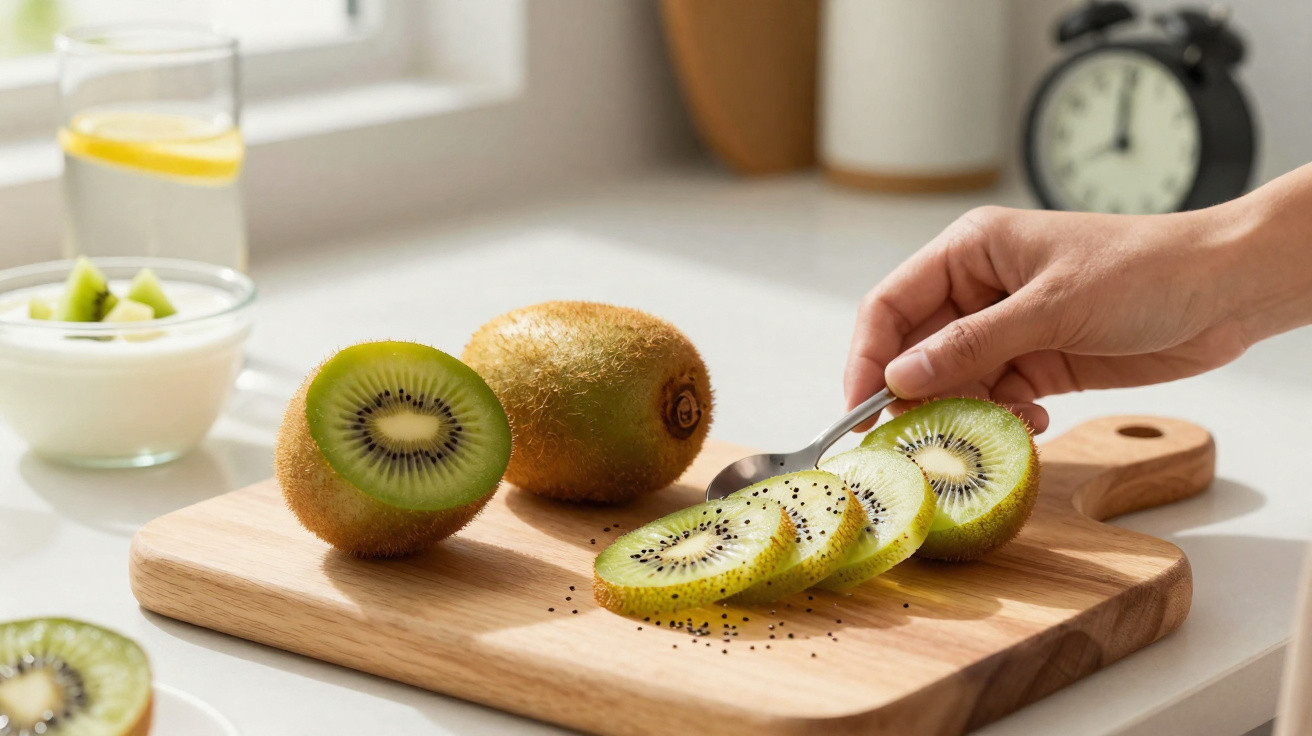 Hand schält und schneidet Kiwi auf einem Holzbrett, im Hintergrund Glas mit Zitronenwasser und Joghurt.