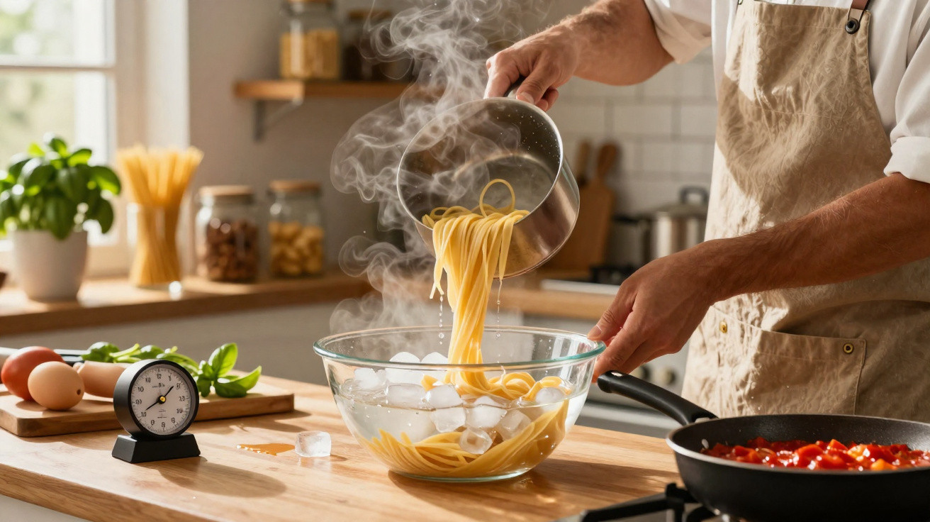 Person gießt heiße Pasta in Schüssel mit Eiswasser in einer hellem Küche mit Zutaten auf Holzarbeitsplatte.