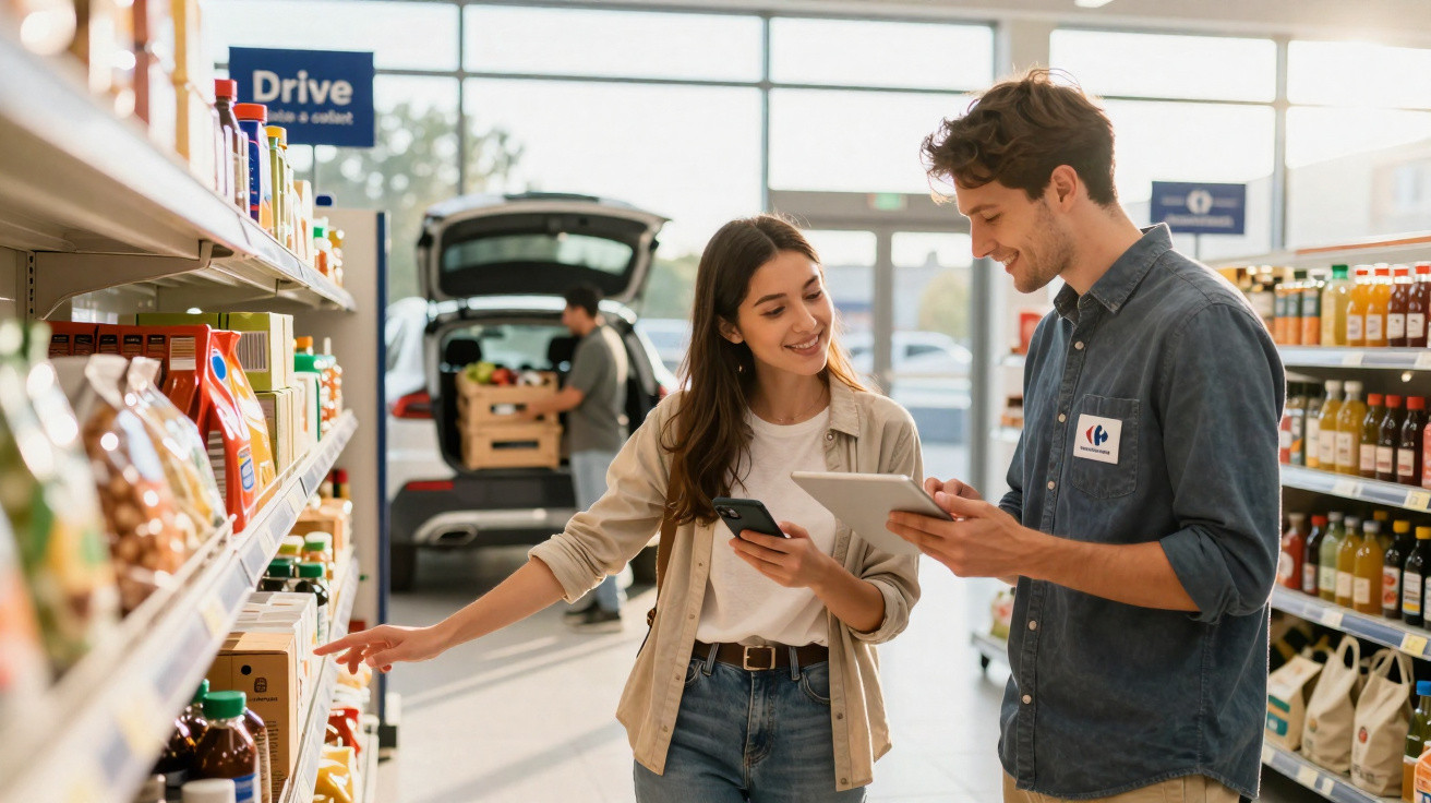 Frau beim Einkaufen zeigt auf Produkt im Regal, Mitarbeiter erklärt mit Tablet im Supermarkt mit Drive-Option.