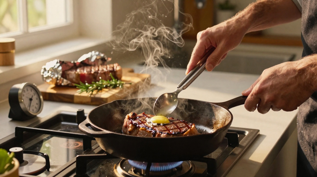 Mann brät saftiges Steak in gusseiserner Pfanne auf Gasherd, Butter schmilzt darauf, im Hintergrund Holzbrett mit Steak.