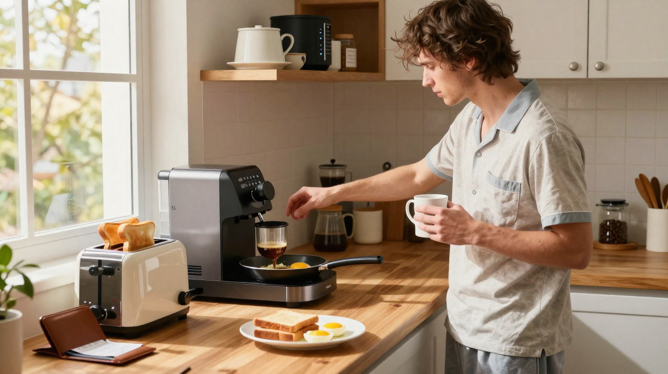 Junger Mann bereitet Frühstück mit Ei, Kaffee und Toastbrot in gemütlicher Küche bei Tageslicht zu.