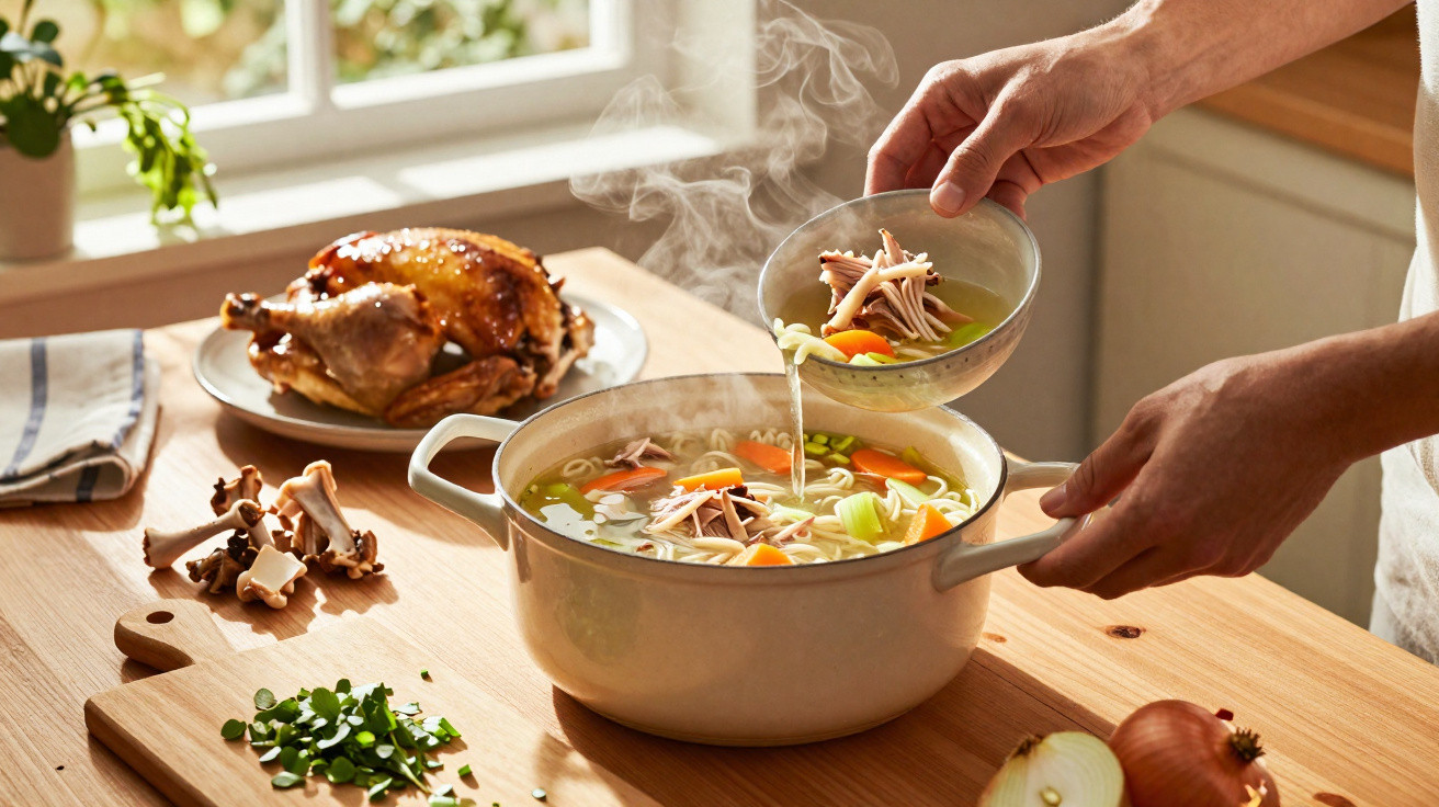 Dampfende Gemüsesuppe mit Hühnchen wird aus Topf in Schüssel in heller Küche serviert.