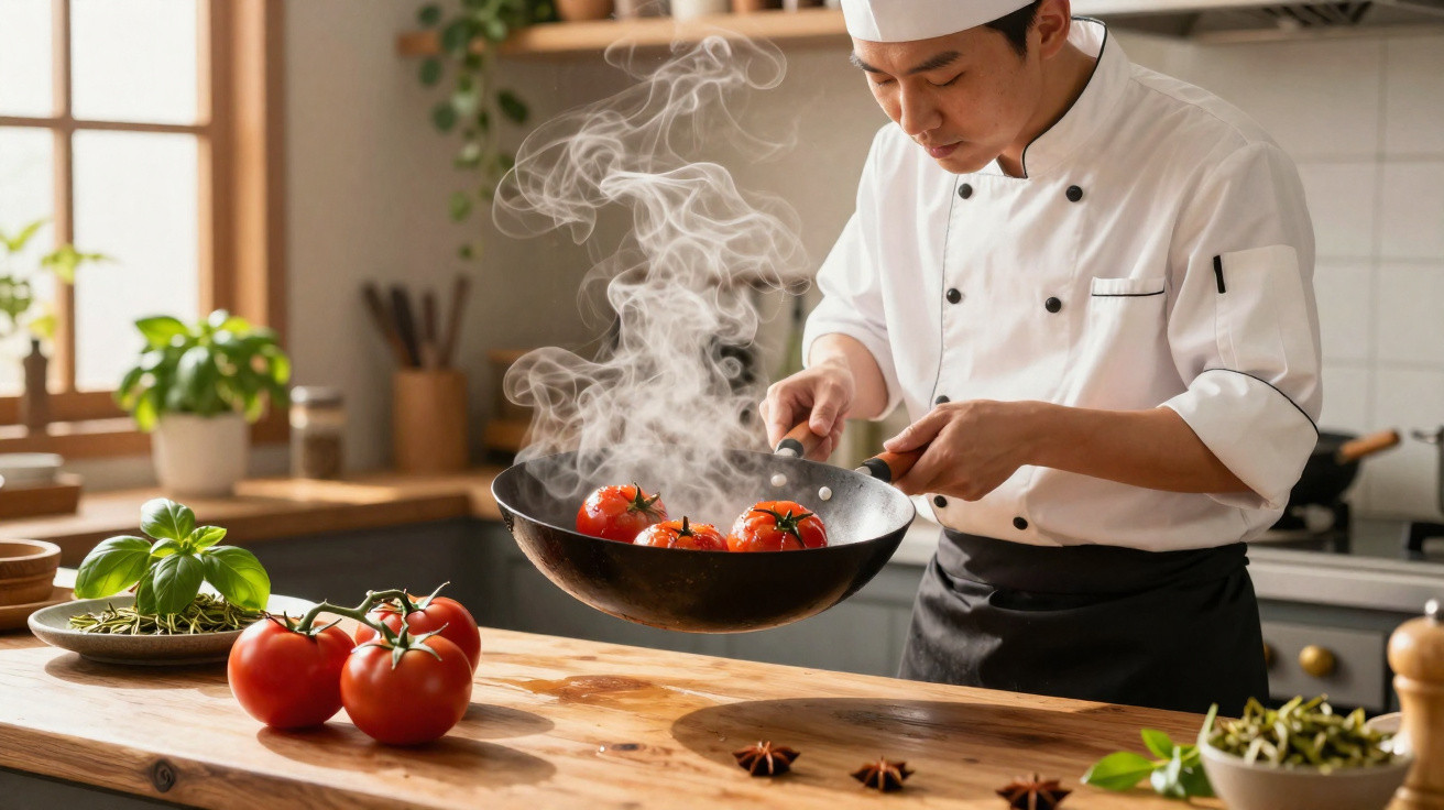 Koch in weißer Uniform brät dampfende Tomaten in einer Pfanne in einer sonnendurchfluteten Küche.