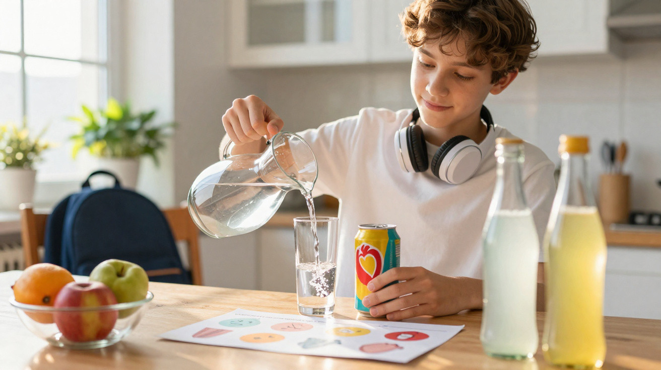Junge gießt Wasser ins Glas, hält Getränkedose, sitzt am Tisch mit Obst und Papieren in der Küche.