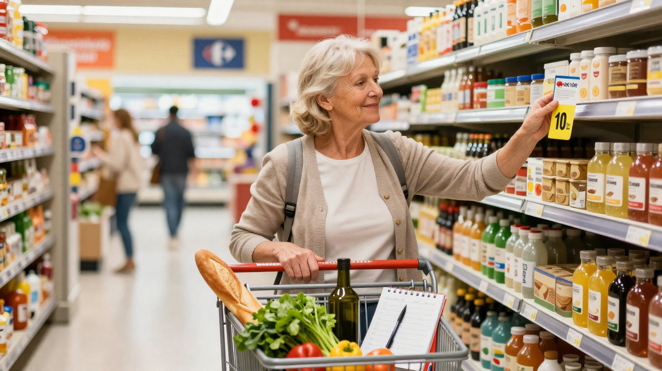 Ältere Frau mit Einkaufswagen wählt Produkte in der Saftabteilung eines Supermarkts aus.