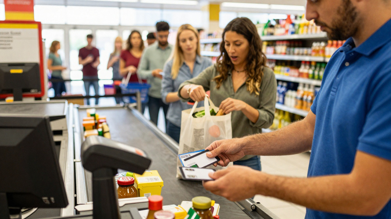 Kunden stehen an der Supermarktkasse, Mann bezahlt kontaktlos mit Karte, Lebensmittel auf Förderband.