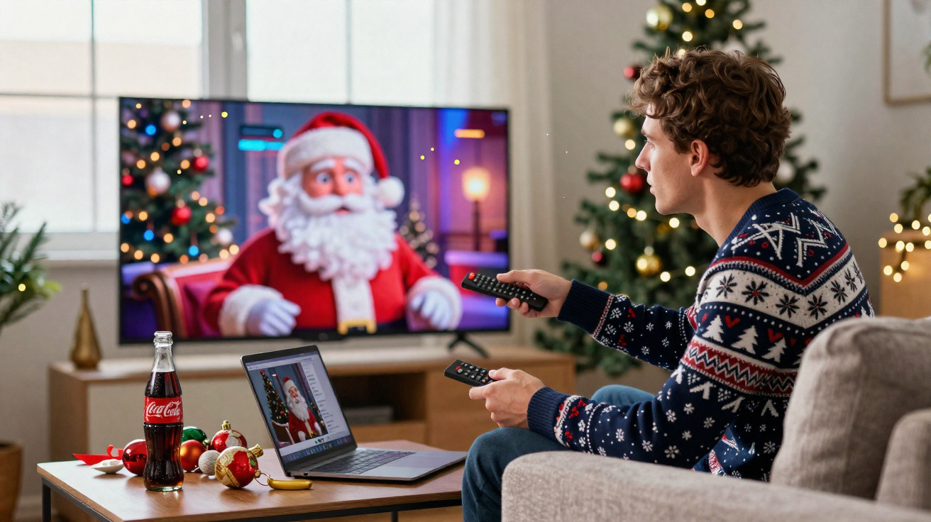 Junger Mann im Weihnachtspullover sieht Weihnachtsmann im TV, vor festlich geschmücktem Baum sitzend.