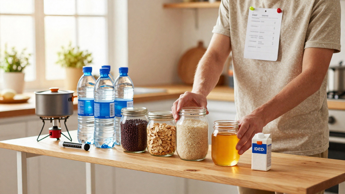 Person stellt Vorräte wie Wasser, Getreide, Honig und Milch auf einen Küchentisch zur Vorbereitung.