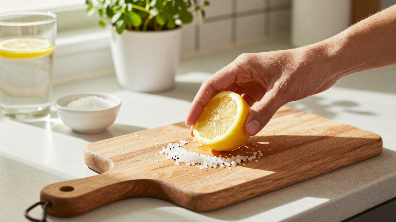 Hand drückt Zitronenhälfte über grobem Salz auf einem Holzbrett in heller Küche.