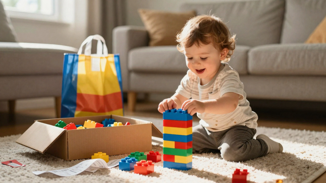Kleines Kind spielt auf dem Teppich mit bunten Bauklötzen vor einem Sofa in hellem Wohnzimmer.