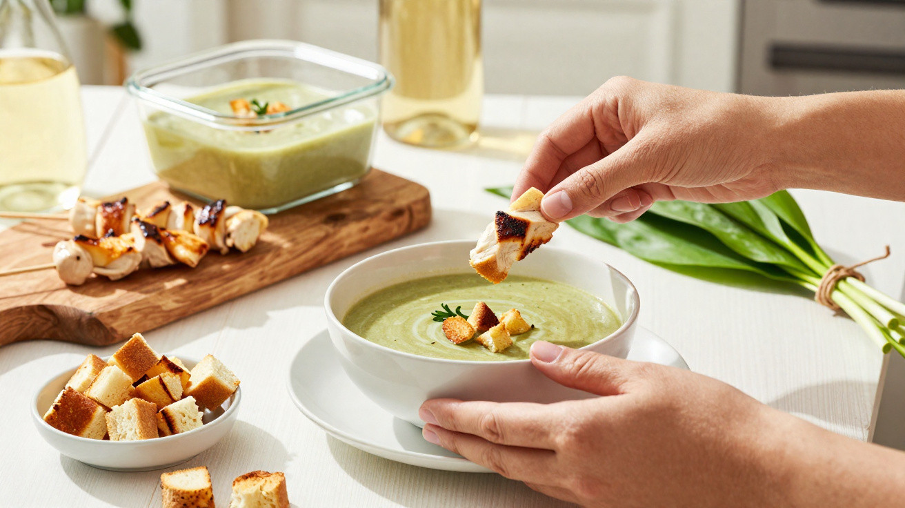 Person legt geröstete Brotwürfel in eine Schüssel mit grüner Cremesuppe, Holzbrett mit Hähnchenspießen im Hintergrund.