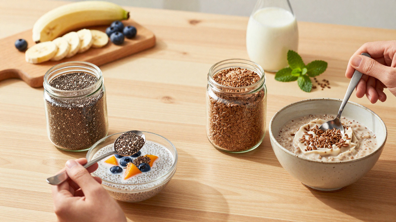 Zwei Hände mit Löffeln über Schalen mit Chiasamen-Pudding und Leinsamen auf Holz­tisch mit Obst und Milchflasche.