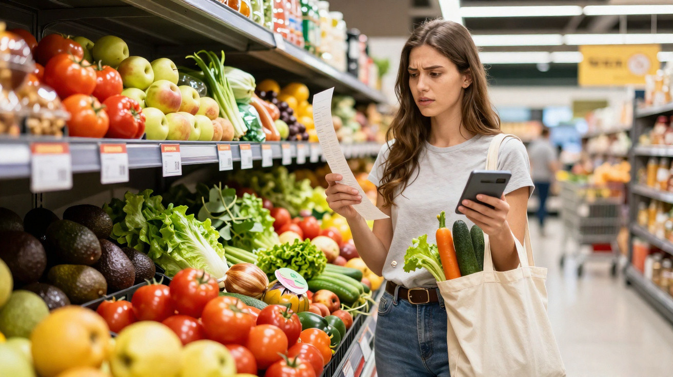 Junge Frau im Supermarkt vergleicht Einkaufliste mit Handy vor Gemüseregal.
