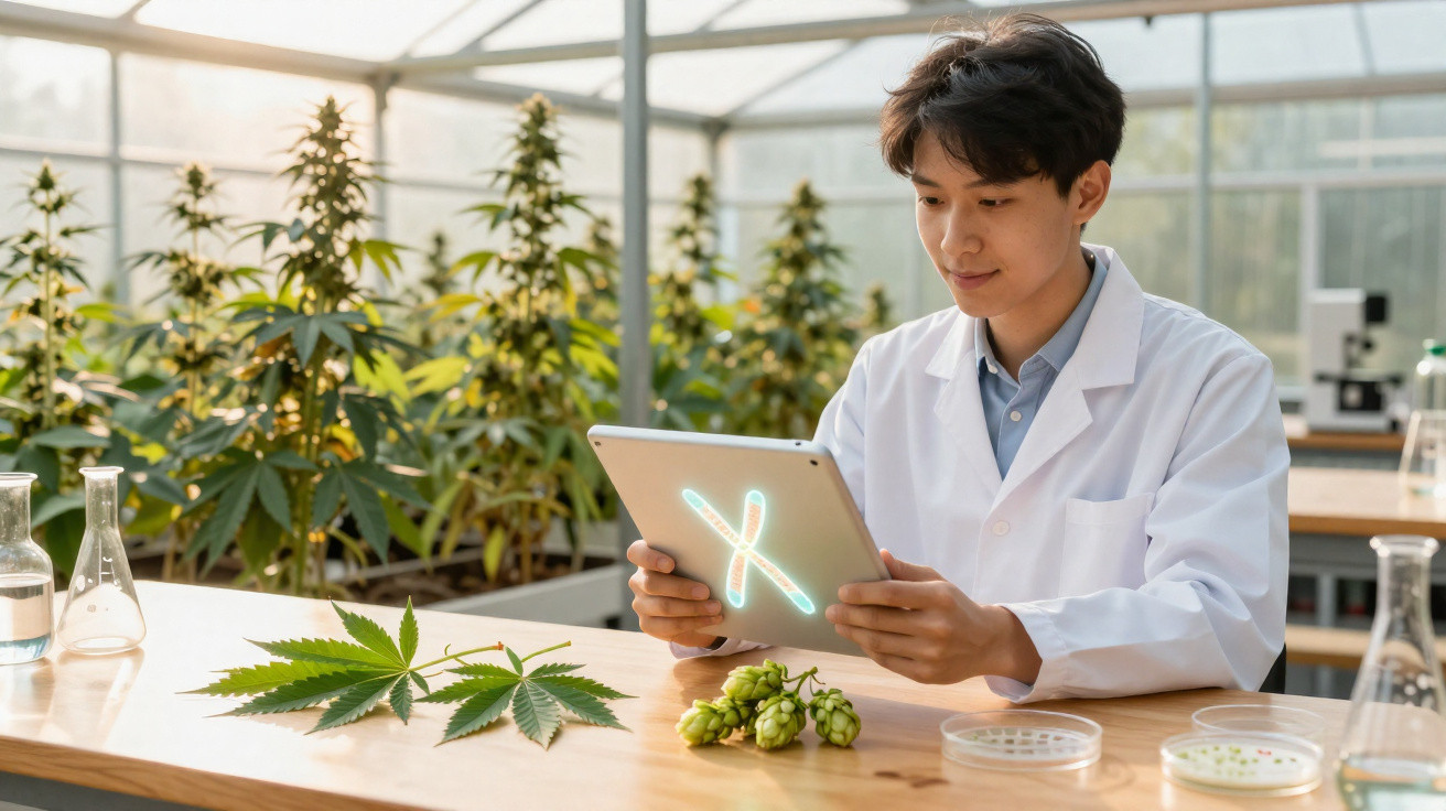 Forscher im weißen Kittel analysiert Cannabisblätter und Hopfen in einem Gewächshaus mit Tablet und Laborutensilien.