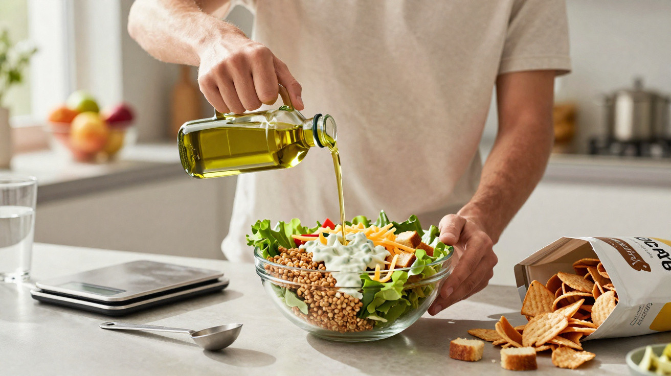 Person gießt Olivenöl über frischen Salat mit Linsen und Joghurtdressing in transparenter Glasschüssel.