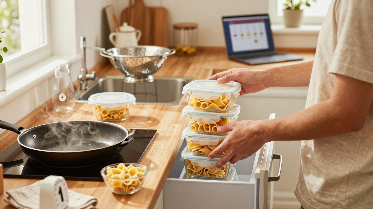 Person verpackt gekochte Pasta in Frischhaltedosen in moderner Küche mit Dampffreisetzender Pfanne auf Herd.
