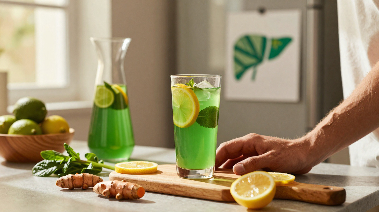 Glas mit grünem Getränk, Zitronenscheiben, Minzblättern und Eiswürfeln auf Holzbrett, daneben Ingwer und Zitrone.