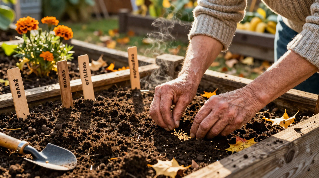 Hände pflanzen Samen in Hochbeet mit vier beschrifteten Holzstäbchen und herbstlichen Blättern.