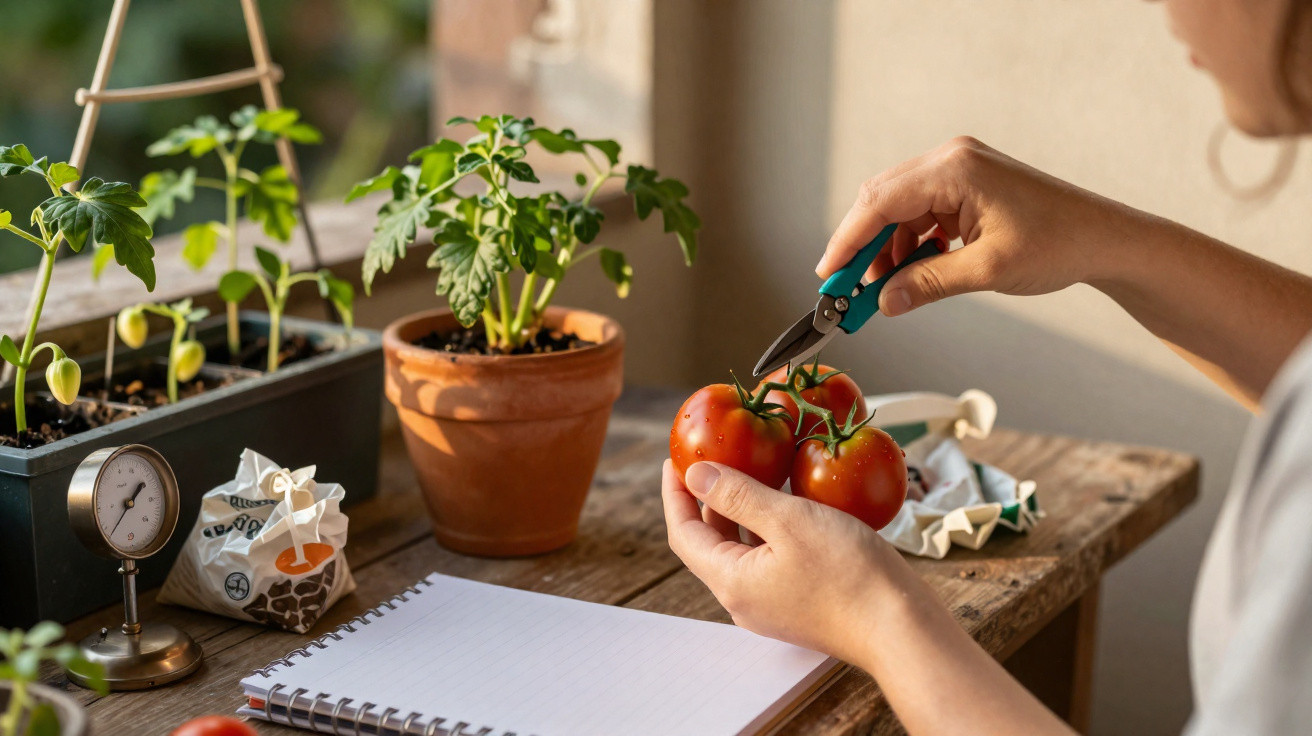 Person schneidet reife Tomaten mit Gartenschere an einem Holztisch mit Pflanzen und Notizbuch.