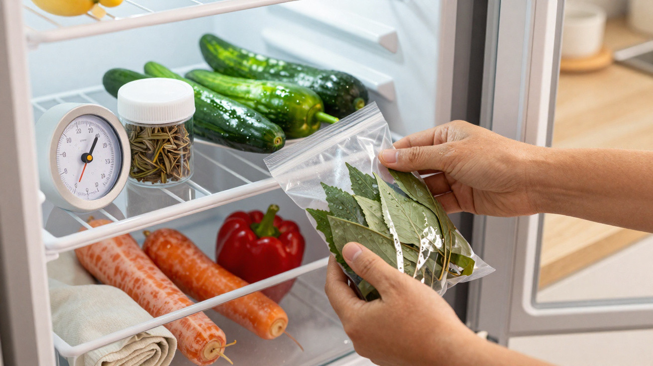 Hände legen getrocknete Lorbeerblätter in einen durchsichtigen Plastikbeutel im Kühlschrank mit frischem Gemüse.