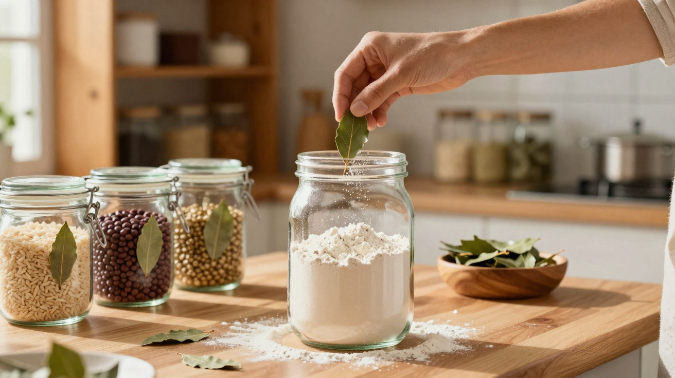 Hand legt Lorbeerblatt in Glas mit Mehl, weitere Gläser mit Hülsenfrüchten und Lorbeerblättern in moderner Küche auf Holzarbe