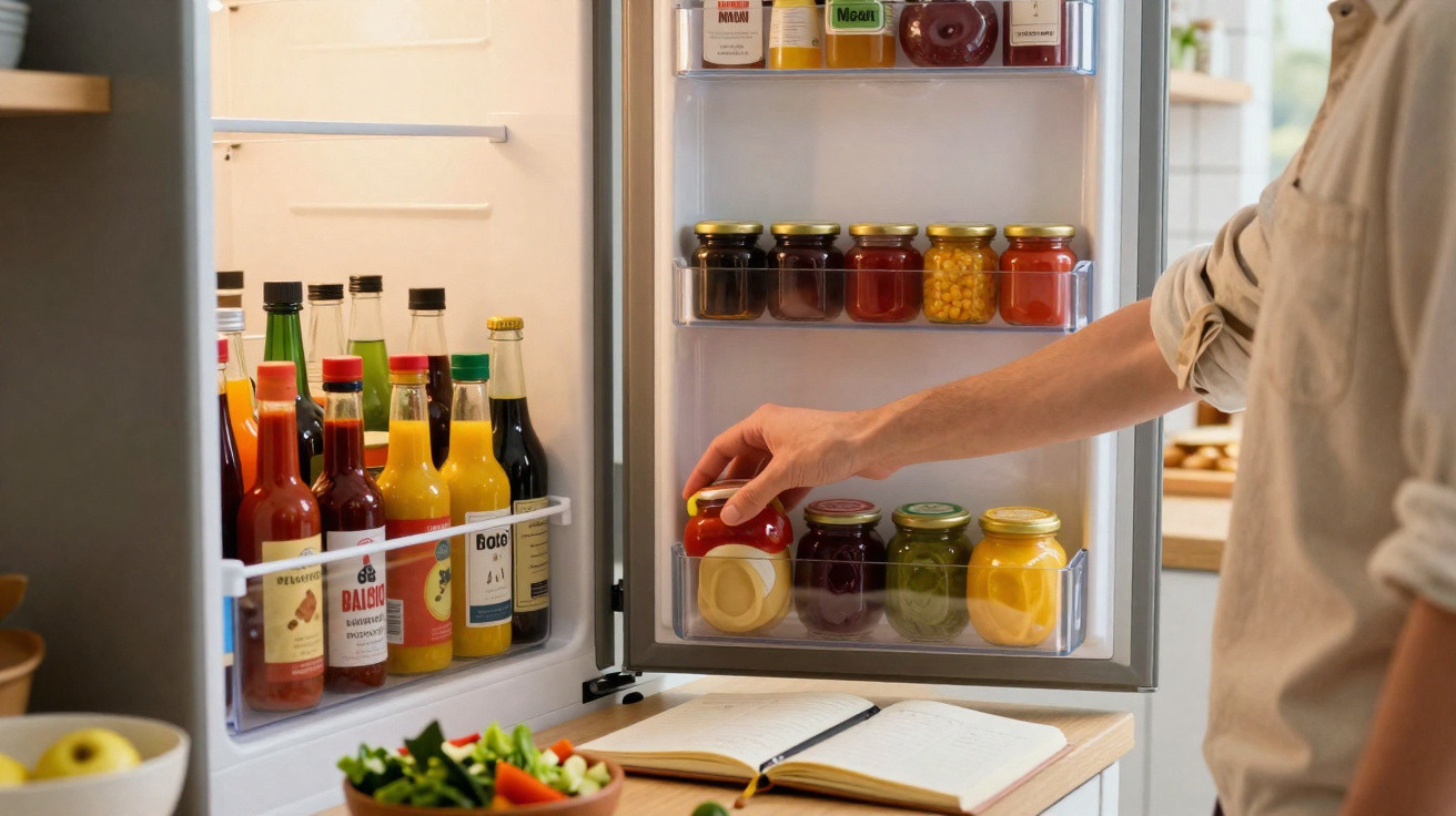 Geöffneter Kühlschrank mit verschiedenen Saucen, Gläsern und Flaschen, Person nimmt ein Glas heraus.