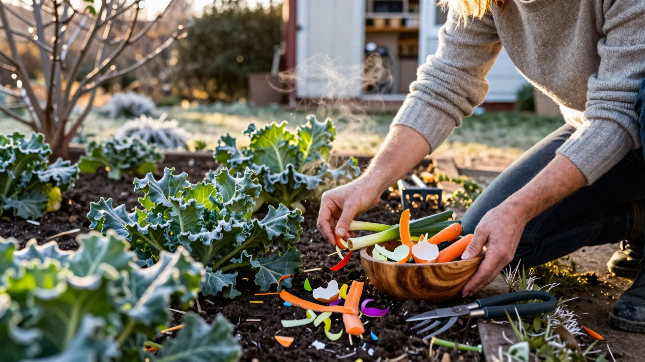Person beim Kompostieren von Gemüseresten im Gartenbeet an einem sonnigen Tag in Österreich.