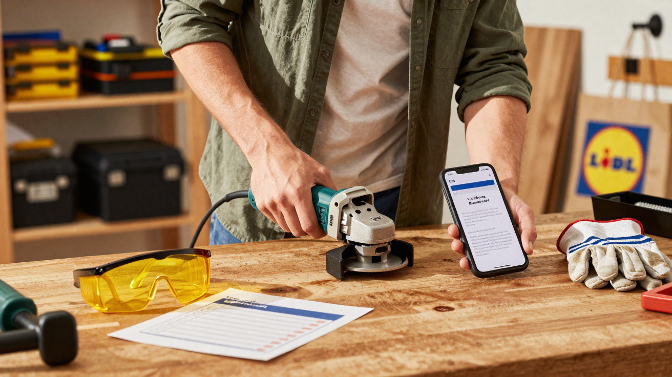 Person hält Winkelschleifer in einer Hand und Smartphone mit Anleitung in der anderen, Werkbank mit Werkzeug und Schutzbrille